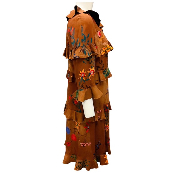 FENDI BROWN MULTI FLORAL PRINTED RUFFLED SILK DRESS - Picture 2 of 6
